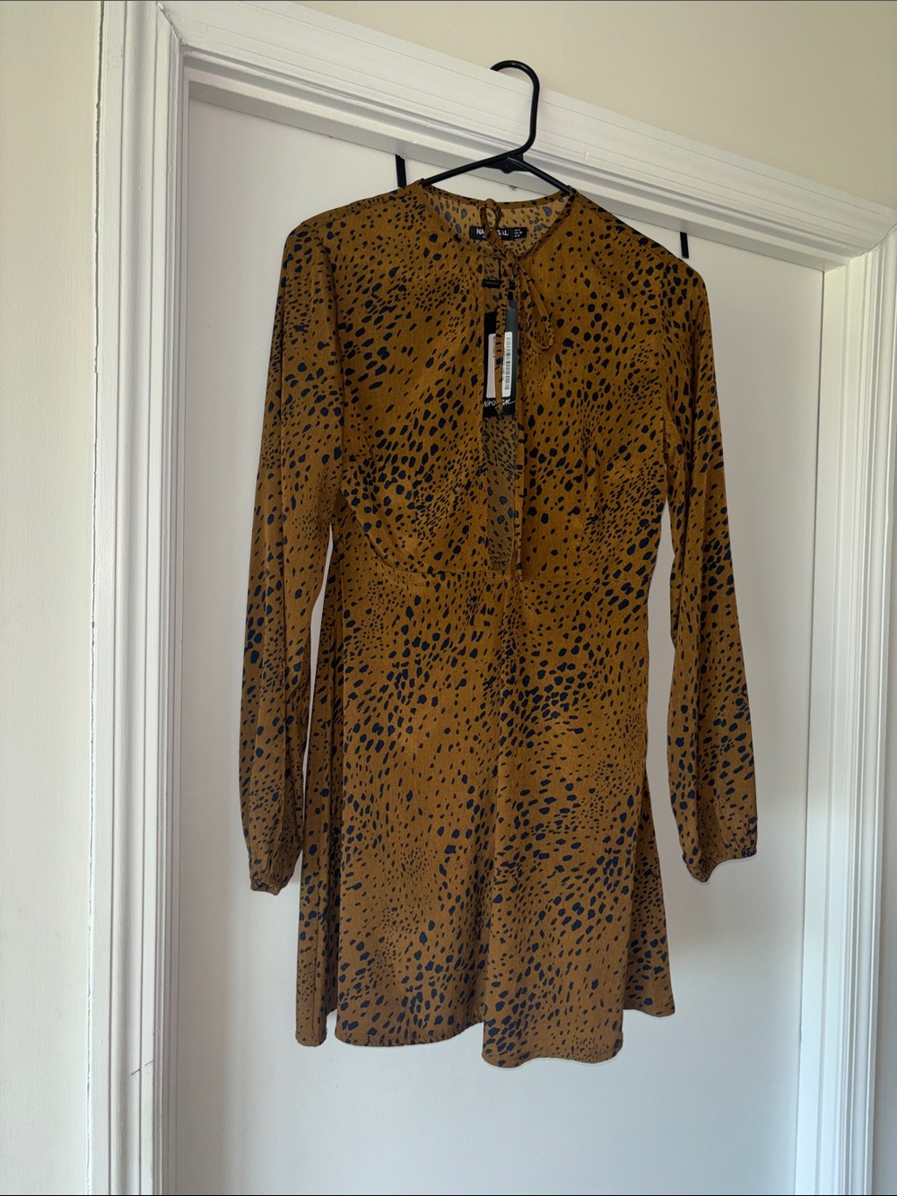 Nasty Gal Mustard Brown Spotted Long Sleeve Mini Dress